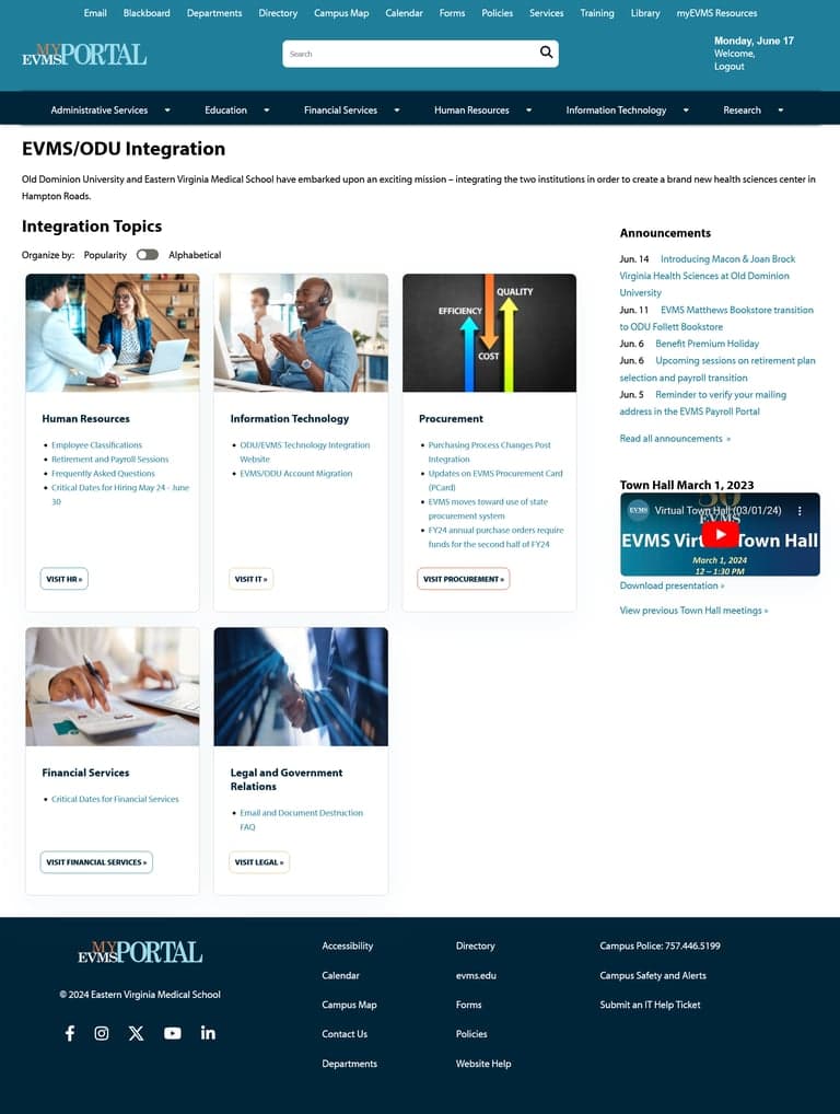 The landing page for the Integration website in myPortal