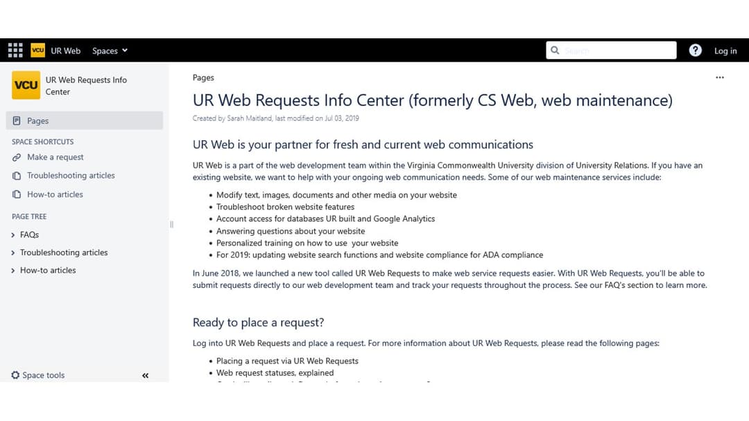 UR Web Requests Info Center (Confluence knowledge base)