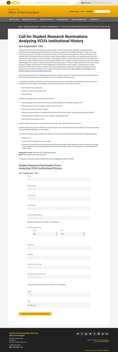 VCU 50 Student Research nominations form