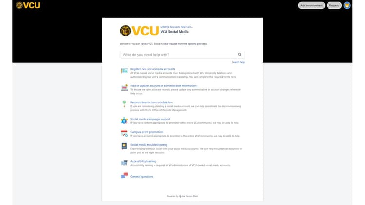 VCU Social Media web requests portal